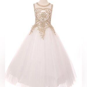 Charming White and Gold Formal Kids Dress